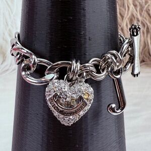 Silvertone Juicy Couture toggle bling heart charm chunky chain bracelet